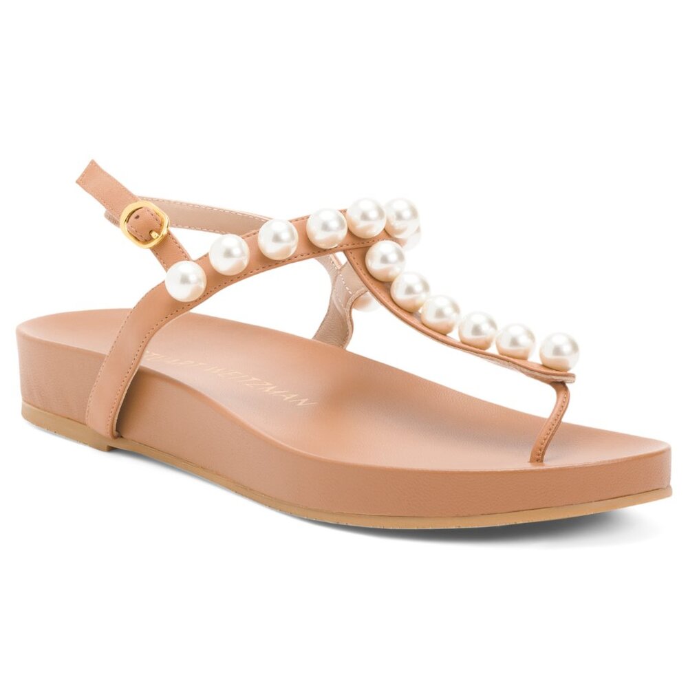 STUART WEITZMAN $450 Made In Spain Leather Goldie Pearl Summer Sandals Tan